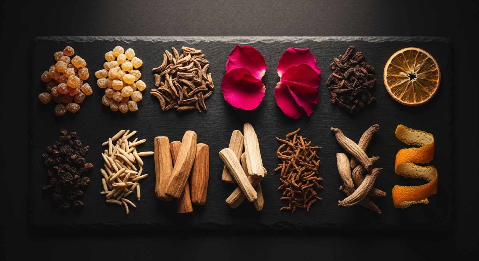 Natural perfume raw materials laid out in our atelier