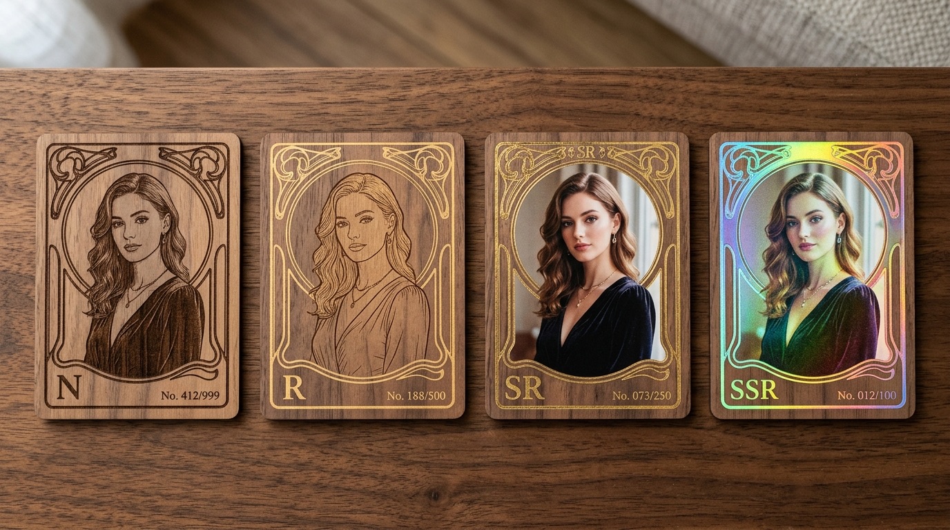 The four collectible tiers — N, R, SR, SSR — engraved walnut to holographic foil, each a creator's own card